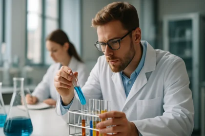 Laboratóriumi kísérlet, kémikus színes vegyszerekkel dolgozik.