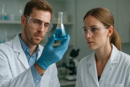 Két tudós hidroxid kísérletet végez egy laboratóriumban.