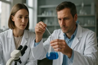 Két tudós laboratóriumban hidroxietánsavval végzett kísérlet közben.