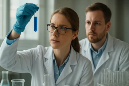 Laboratóriumi kísérlet során 4-(2-hidroxietil)fenolt vizsgáló kutatók.