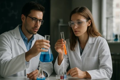 Két vegyész munka közben laboratóriumban kémcsövekkel