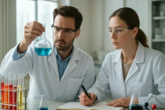 Két vegyész laborban hidroxilcsoport vizsgálatát végzi.