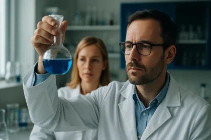 Két kutató a kémiai laboratóriumban, hidroxilezést vizsgálva.