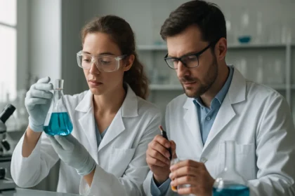 Két kutató laboratóriumban, kémiai reakciókat vizsgálva.