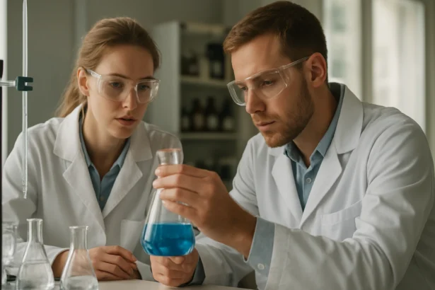 Két vegyész laboratóriumban kémiai reakciót vizsgál