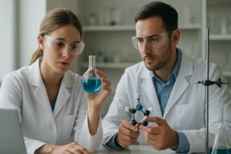 Két tudós laboratóriumban kémiai kísérletezést végez