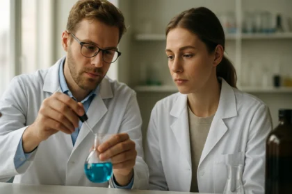 Két kutató dolgozik egy laboratóriumban hidroxi-propil-cellulózzal.