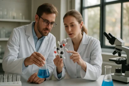 Két kutató higany molekulát vizsgál a laborban kémiai kísérlet során.