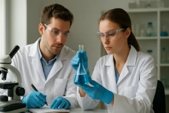 Két tudós laboratóriumban, higanycsepp-elektróddal végzett kísérletezés