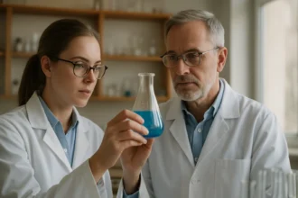 Két tudós kémiai kísérletet végez a laboratóriumban.