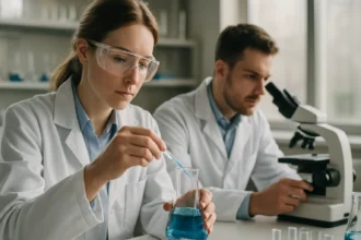 Laboratóriumi kísérlet: kémikusok folyadékot vizsgálnak.