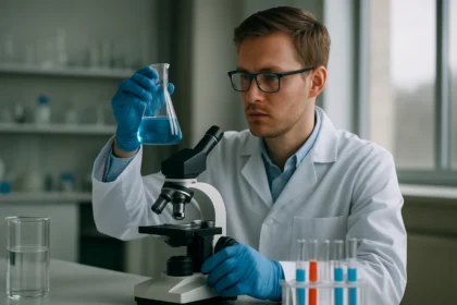 Laboratóriumi szakember higany-fulminát vizsgálata kémiai elemzés során.