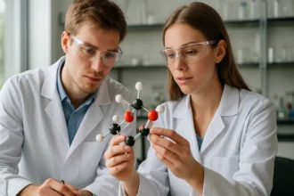 Két kutató a halényv molekula modellezésén dolgozik laboratóriumban.