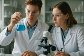 Két kutató laboratóriumi környezetben, higany(II)-nitrátot vizsgálva.