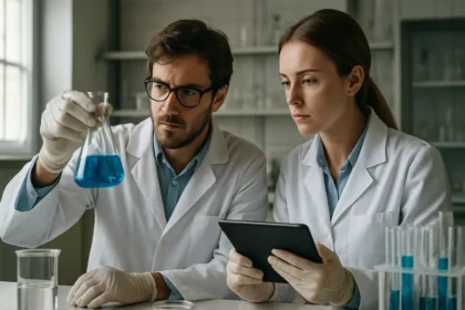 Két kémikus laboratóriumban, akik higany(II)-szulfidot vizsgálnak.