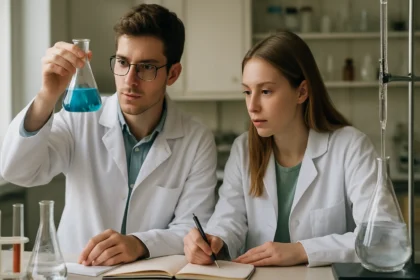 Két fiatal tudós laborban, HDPE tulajdonságait vizsgálják.