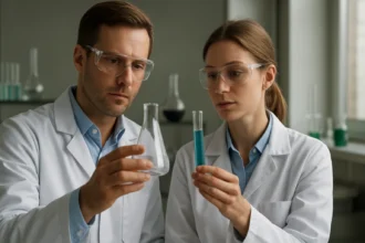 Két kutató laboratóriumban molekulapályákat vizsgál