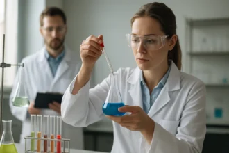 Kémikusok munkája laboratóriumban, robbanóanyagokkal kapcsolatosan.