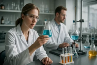 Két kutató laboratóriumban, anális vizsgálatokat végeznek kémiai anyagokkal.