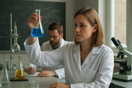 Női tudós laboratóriumban, nagy teljesítményű folyadékkromatográfiával kapcsolatos kísérletet végző személy