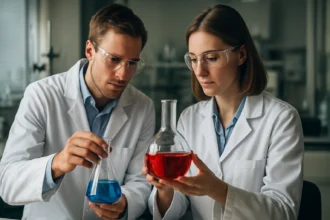 Két kutató laboratóriumi környezetben különböző folyadékokat vizsgál.