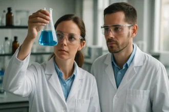 Két kutató laboratóriumban hígítót vizsgál.