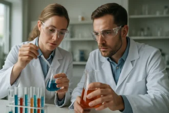 Két tudós laboratóriumban hígítószereken dolgozik.