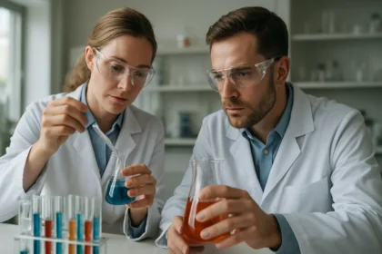 Két tudós laboratóriumban hígítószereken dolgozik.