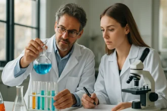 Két tudós különböző kémiai anyagokat vizsgál laboratóriumban.