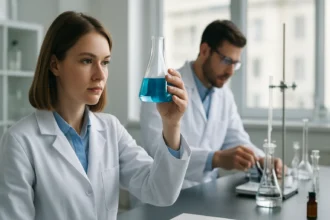 Kémikus hioszciamin kísérletet végez laboratóriumban