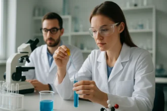 Két tudós laboratóriumi környezetben hipokénsavval kísérleteznek.