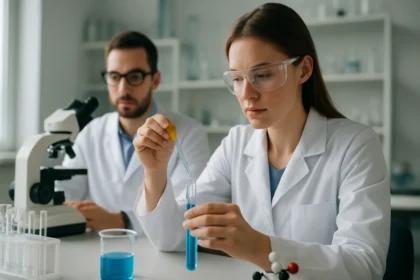 Két tudós laboratóriumi környezetben hipokénsavval kísérleteznek.