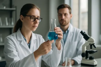 Két kutató hipoklórossavat vizsgál egy laboratóriumban