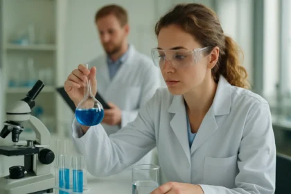 Kémikus nő laboratóriumban kék folyadékkal teli lombikot tart a kezében