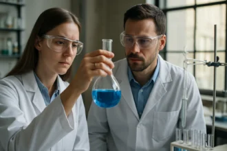 Két tudós laboratóriumban homociklusos vegyületek vizsgálata közben