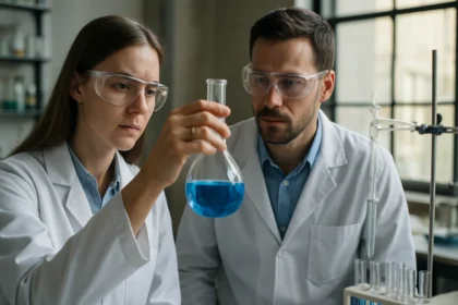 Két tudós laboratóriumban homociklusos vegyületek vizsgálata közben
