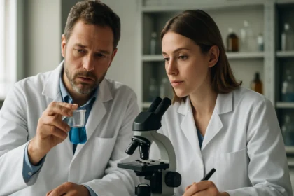 Két kutató, akik homogén katalízist vizsgálnak laboratóriumi környezetben