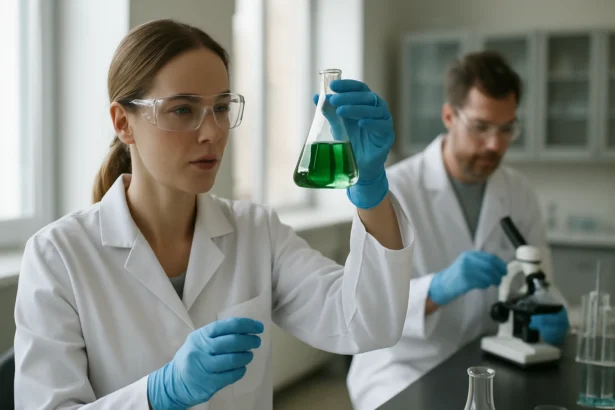 Kémikus vizsgál egy zöld folyadékot a laborban homolitikus hasadás kísérlete közben.