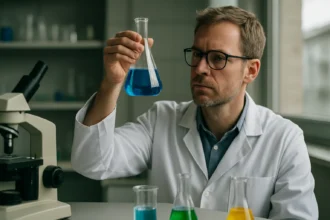 Laboratóriumi kísérlet kémikussal, aki kék folyadékot figyel meg