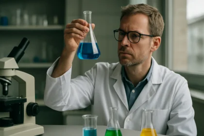 Laboratóriumi kísérlet kémikussal, aki kék folyadékot figyel meg