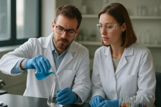 Két kutató kémiai folyamatokat vizsgál, kémiai laboratóriumban.