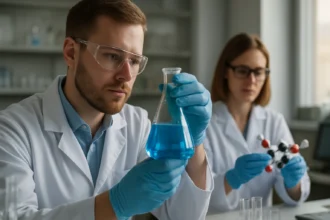 Kémikusok laboratóriumban szerves vegyületeket vizsgálnak.