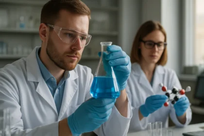 Kémikusok laboratóriumban szerves vegyületeket vizsgálnak.