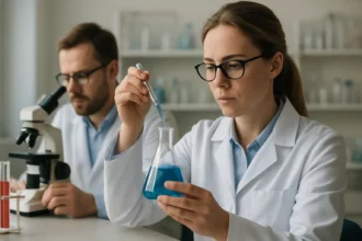 Kémikusok laboratóriumban kovalens homopoláris kötést vizsgálnak.