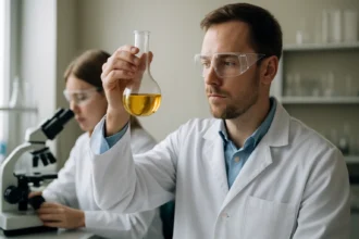 Kémikusok laboratóriumban homogenizált folyadékot elemeznek