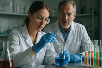 Két tudós laboratóriumban hordozóanyagokat vizsgál