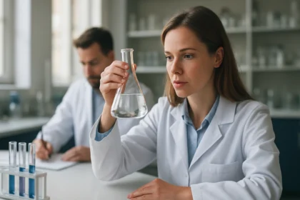 Kísérletező nő laboratóriumban gázkromatográfiás vizsgálathoz előkészített gázmintát tartó lombikot vizsgálva.