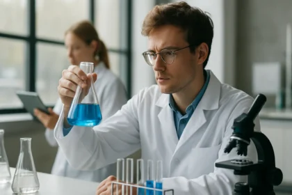 Laboratóriumi kísérlet folyamatban, kékkal folyadékkal teli lombik