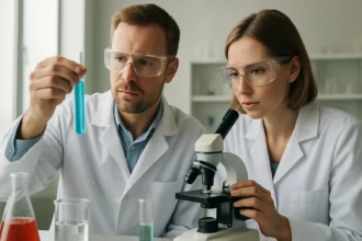 Két kémikus laboratóriumban elemzi a folyadékokat és a mikroszkópot használja.