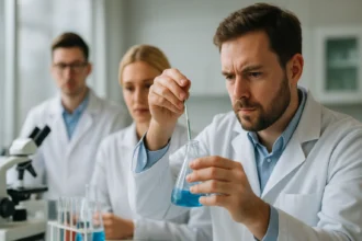 Kutatók laboratóriumban hot melt ragasztók vizsgálata közben.